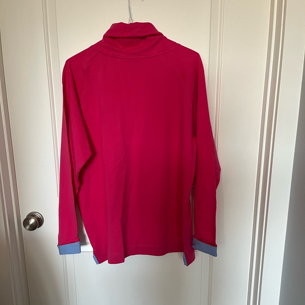 The Black Dog Bright Pink Cowl Neck Tunic with blue cuffs NWOT - Picture 3 of 3